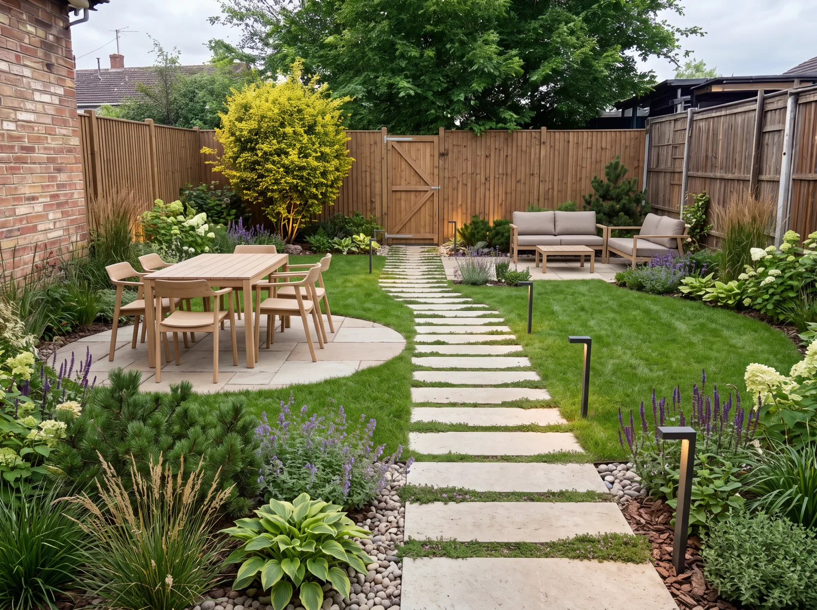 A yard with paths and lighting