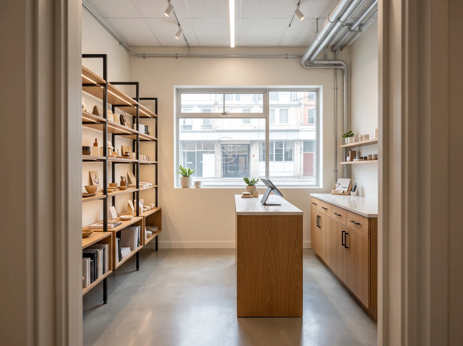 The whole sales floor: finishes, light, counter and shelving. Window, door and dimensions stay.