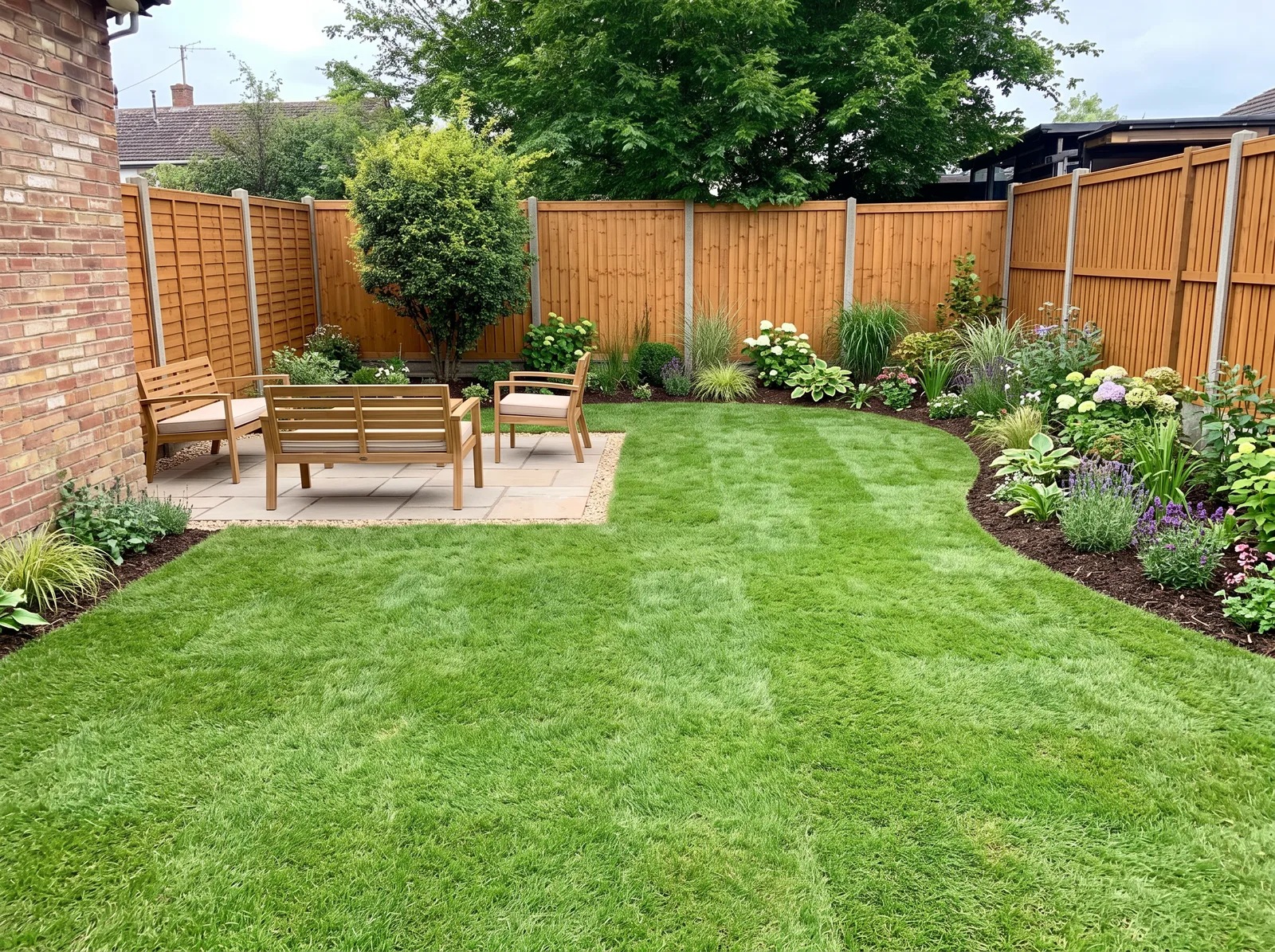 The whole plot: lawn instead of bare soil, planting along the fence, a sitting area. Boundaries and fence stay.